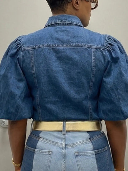 Puffed Sleeve Denim Button - Down Shirt - laseze