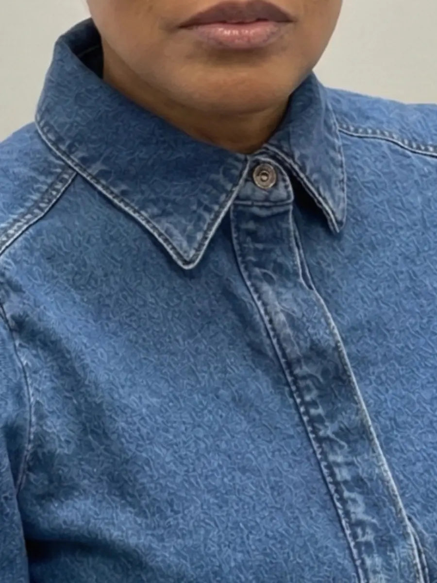 Puffed Sleeve Denim Button - Down Shirt - laseze
