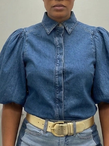 Puffed Sleeve Denim Button - Down Shirt - laseze
