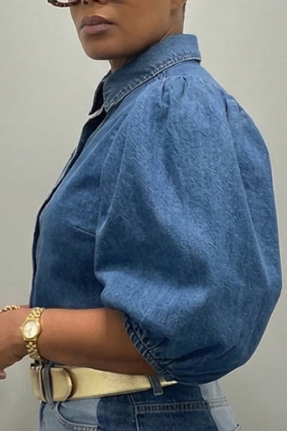 Puffed Sleeve Denim Button - Down Shirt - laseze
