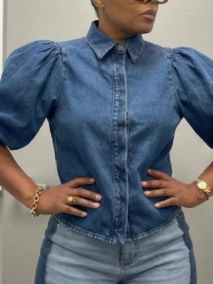 Puffed Sleeve Denim Button - Down Shirt - laseze