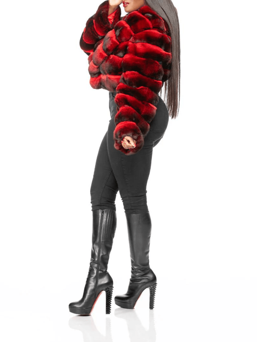 Red-Brown Gradient Patchwork Faux Fur Cropped Coat lavetri