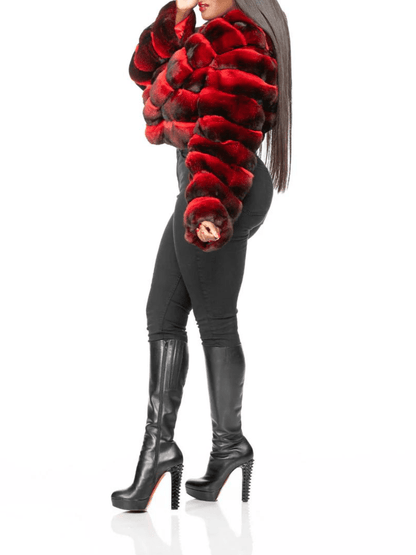 Red-Brown Gradient Patchwork Faux Fur Cropped Coat lavetri