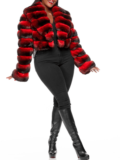 Red-Brown Gradient Patchwork Faux Fur Cropped Coat lavetri