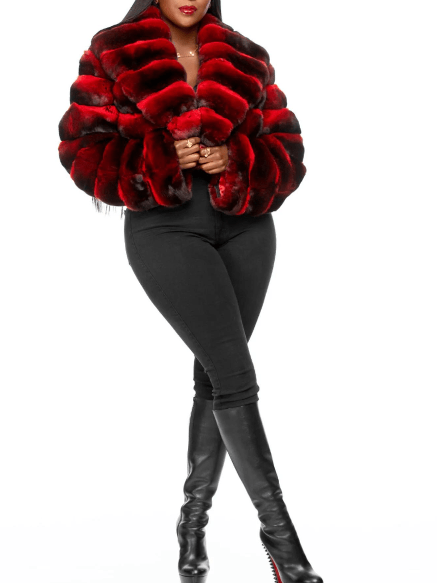 Red-Brown Gradient Patchwork Faux Fur Cropped Coat lavetri