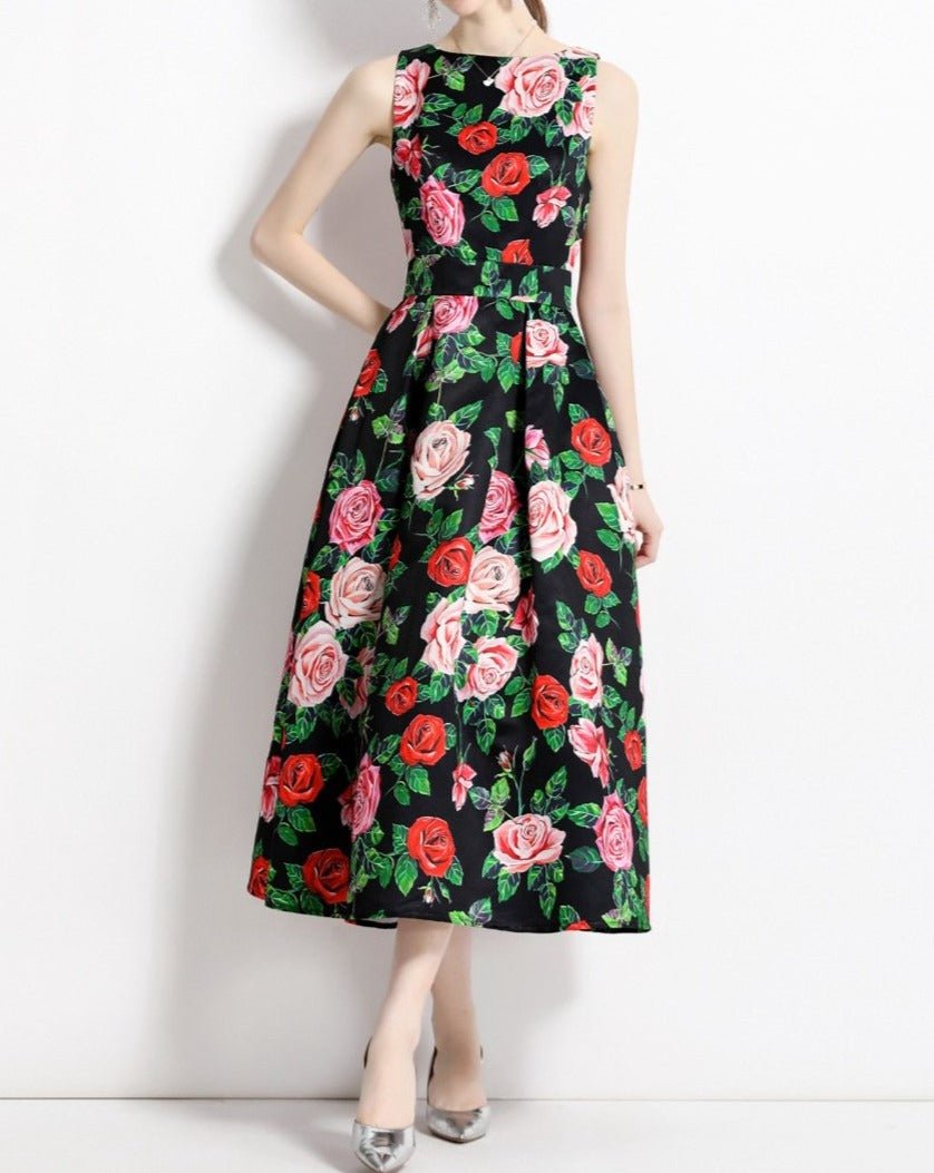 Red Flower Vntage Print Dress - laseze