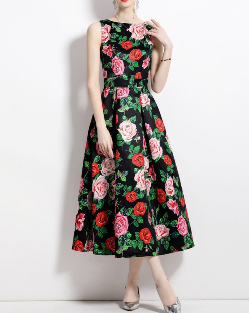Red Flower Vntage Print Dress - laseze