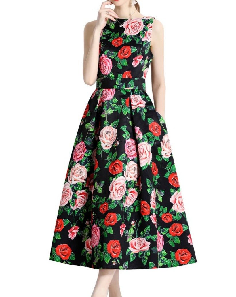 Red Flower Vntage Print Dress - laseze
