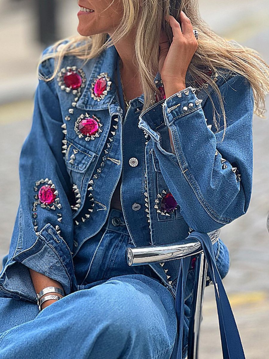 Rhinestone Beaded Denim Jacket - laseze