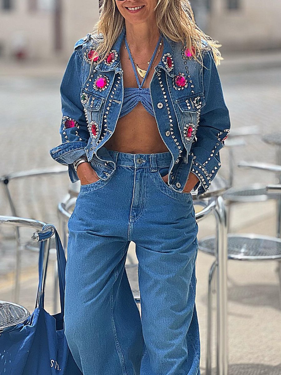 Rhinestone Beaded Denim Jacket - laseze