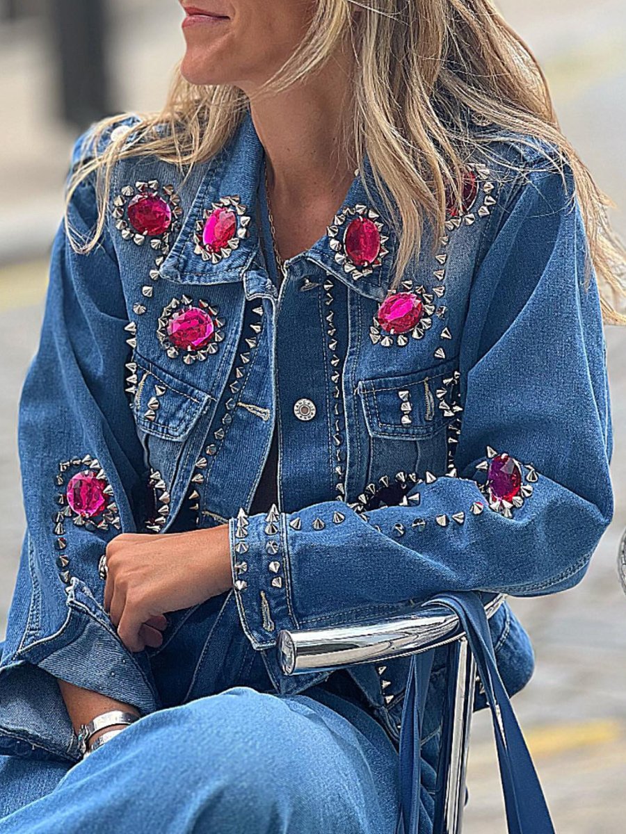 Rhinestone Beaded Denim Jacket - laseze
