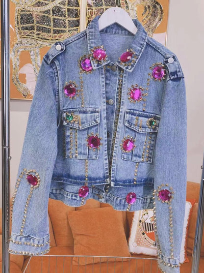 Rhinestone Beaded Denim Jacket - laseze
