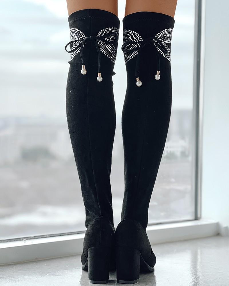 Rhinestone Butterfly Pattern Bow Thick Heel Boots - laseze