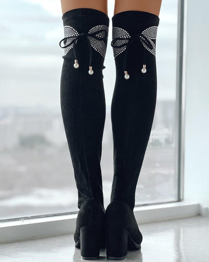 Rhinestone Butterfly Pattern Bow Thick Heel Boots - laseze