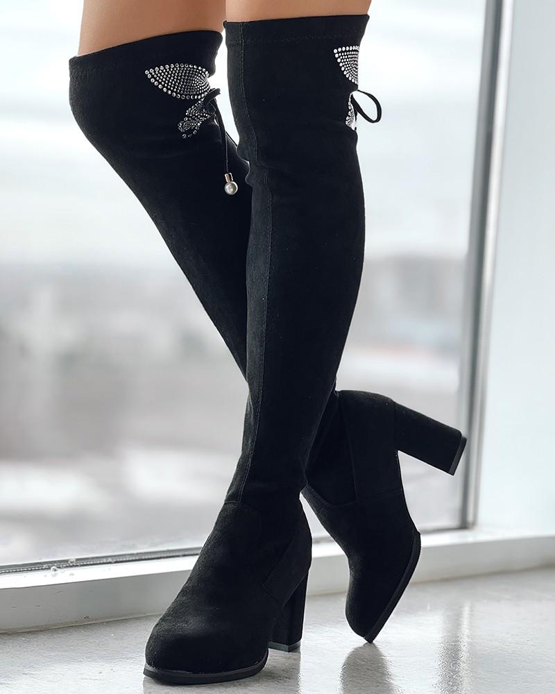 Rhinestone Butterfly Pattern Bow Thick Heel Boots - laseze