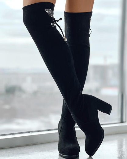 Rhinestone Butterfly Pattern Bow Thick Heel Boots - laseze