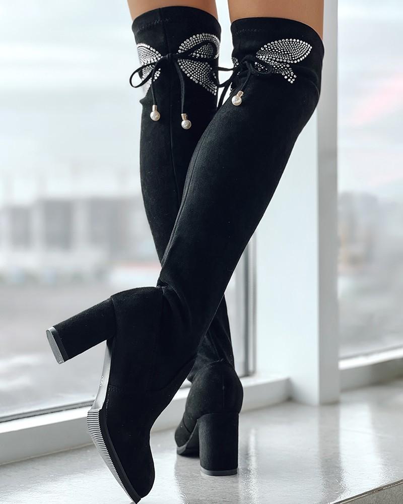 Rhinestone Butterfly Pattern Bow Thick Heel Boots - laseze