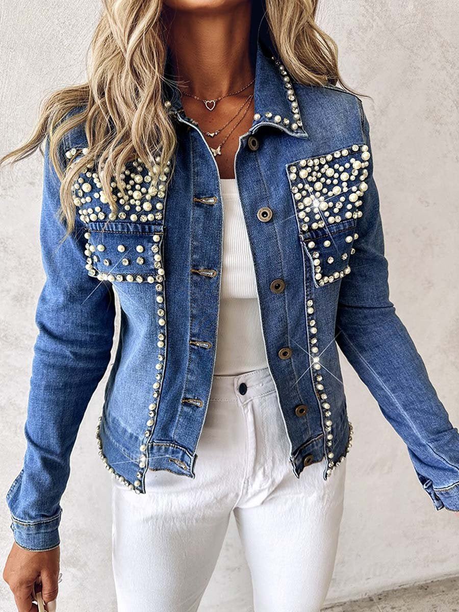 Rhinestone Pearl Decor Denim Jacket speciaic