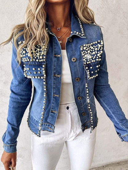 Rhinestone Pearl Decor Denim Jacket speciaic