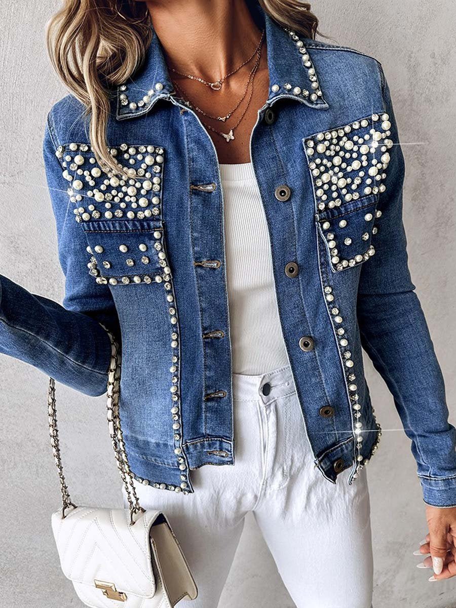 Rhinestone Pearl Decor Denim Jacket speciaic