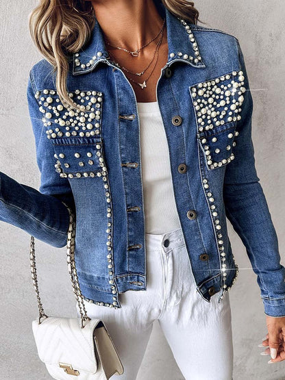 Rhinestone Pearl Decor Denim Jacket speciaic