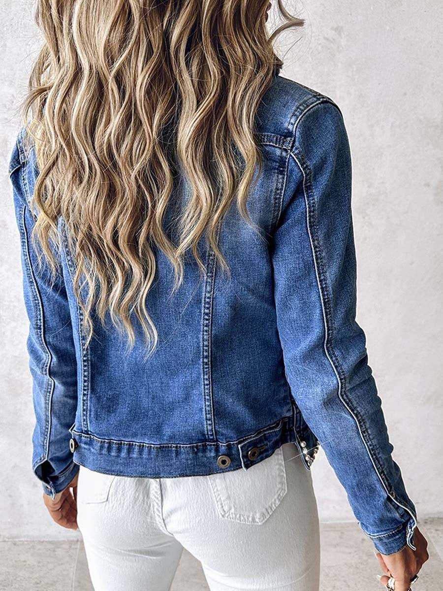 Rhinestone Pearl Decor Denim Jacket speciaic