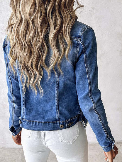 Rhinestone Pearl Decor Denim Jacket speciaic