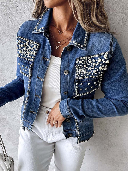 Rhinestone Pearl Decor Denim Jacket speciaic