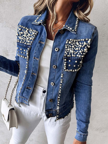 Rhinestone Pearl Decor Denim Jacket speciaic