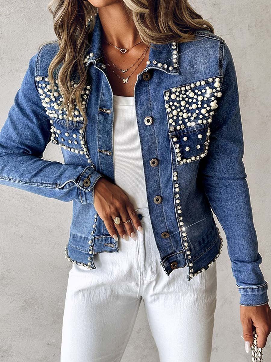 Rhinestone Pearl Decor Denim Jacket speciaic