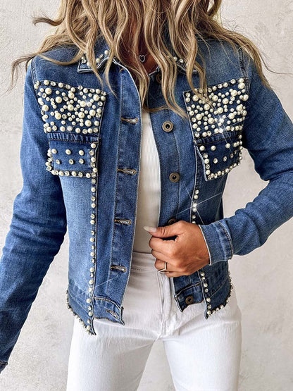 Rhinestone Pearl Decor Denim Jacket speciaic