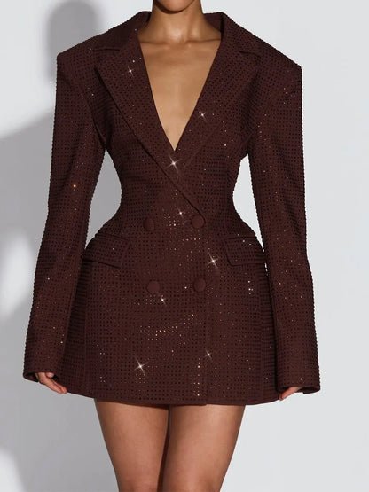 Rhinestone Sparkle Double Breasted Blazer Dress laseze