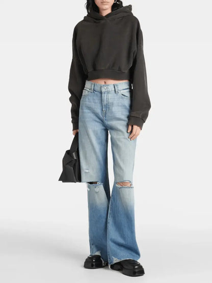 Ripped Light Wash Wide-Leg Denim Pants laseze
