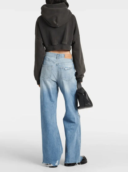 Ripped Light Wash Wide-Leg Denim Pants laseze