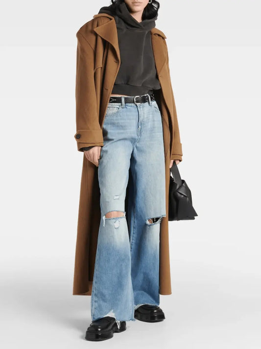 Ripped Light Wash Wide-Leg Denim Pants laseze