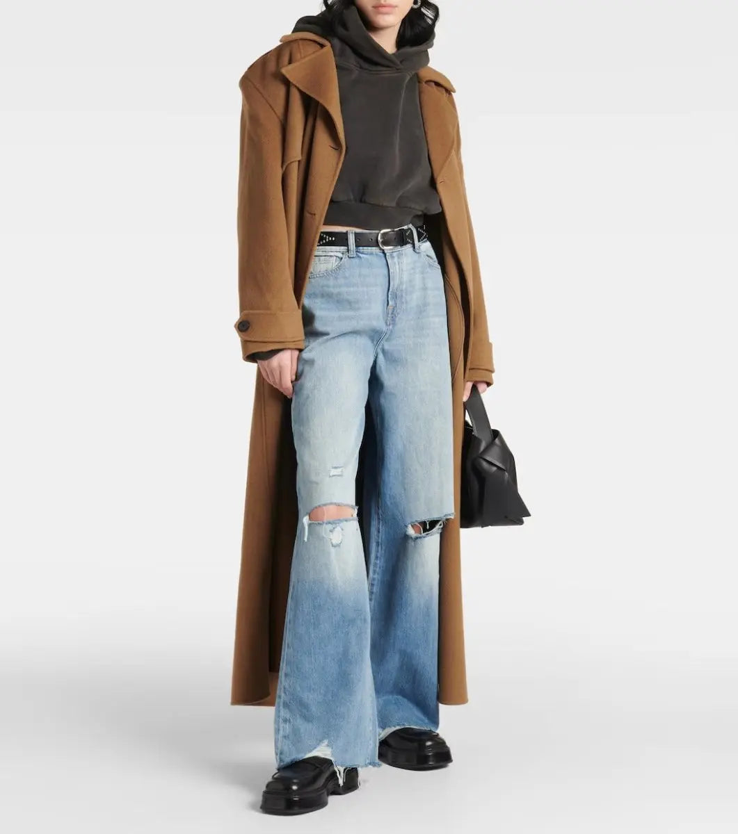 Ripped Light Wash Wide-Leg Denim Pants laseze