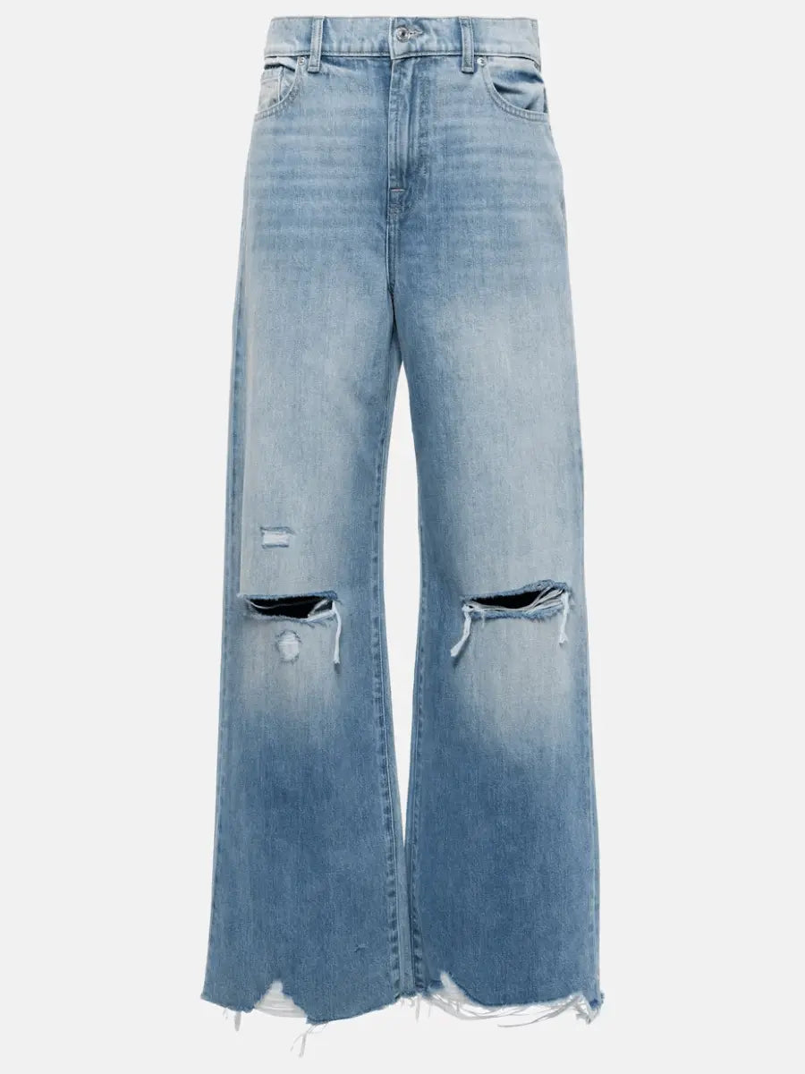 Ripped Light Wash Wide-Leg Denim Pants laseze
