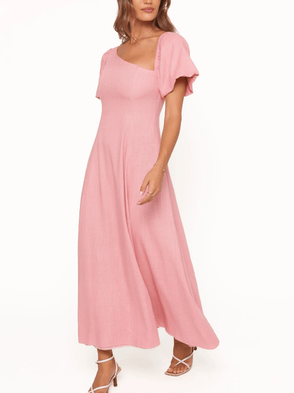 Romantic Blush | Asymmetrical Flutter Sleeve Midi Dress - laseze