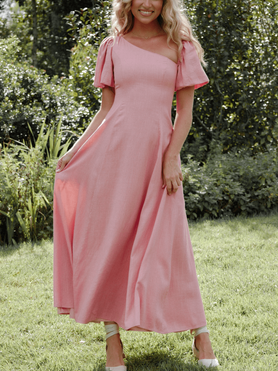 Romantic Blush | Asymmetrical Flutter Sleeve Midi Dress - laseze