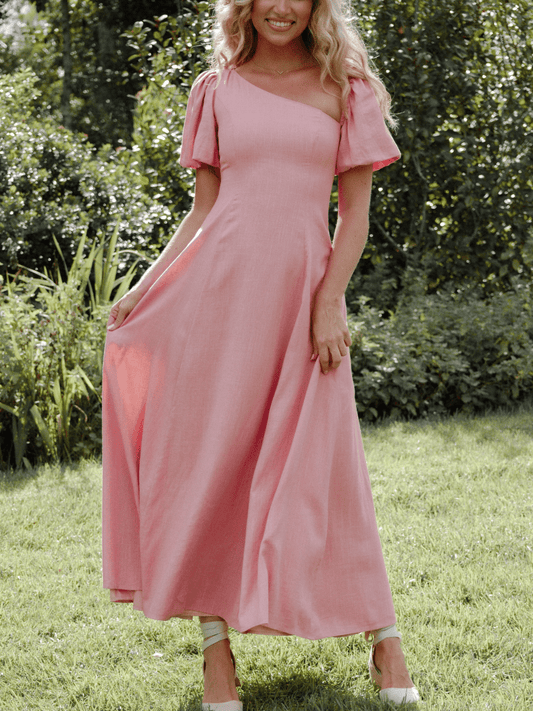 Romantic Blush | Asymmetrical Flutter Sleeve Midi Dress - laseze