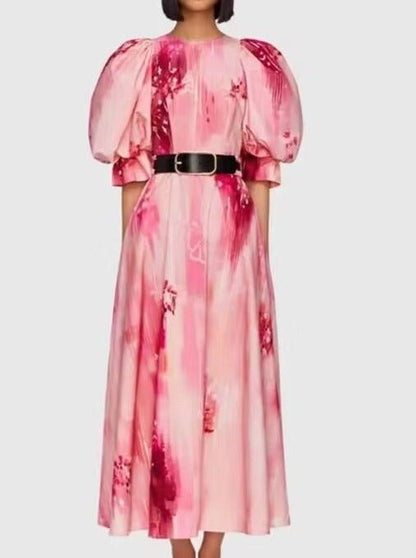 Round Neck Bubble Sleeve Pink Print Dress - laseze
