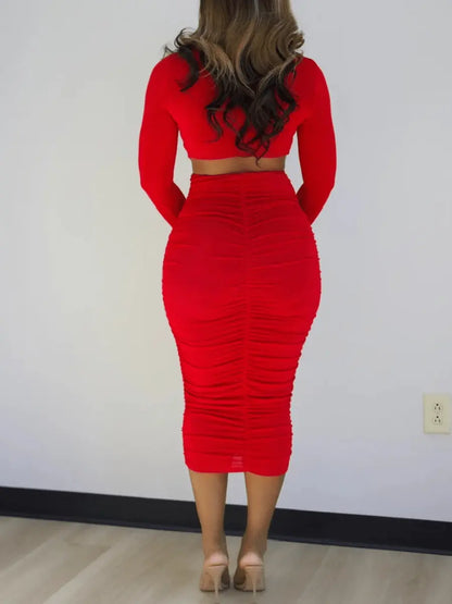 Ruched Long-Sleeve Crop Top & Midi Skirt Set laseze