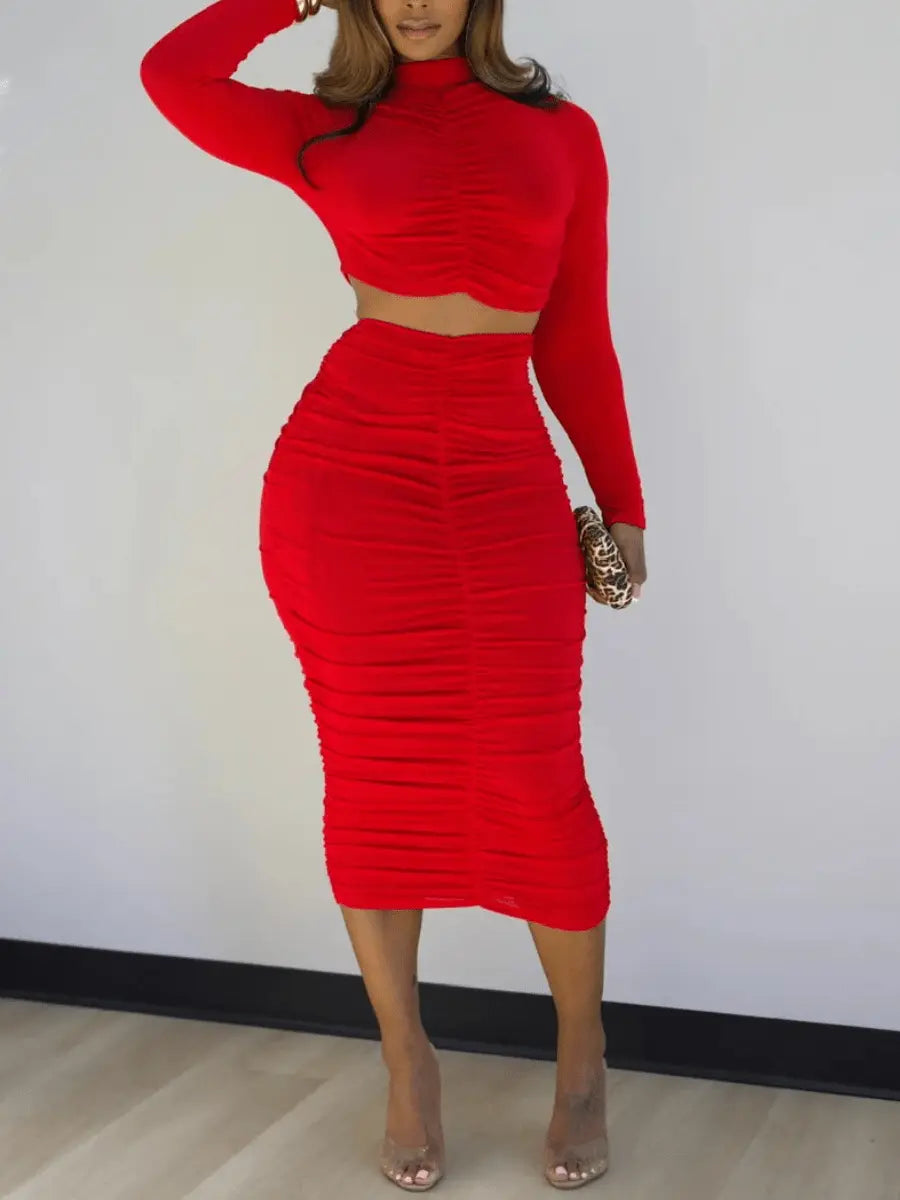 Ruched Long-Sleeve Crop Top & Midi Skirt Set laseze