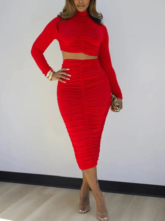 Ruched Long-Sleeve Crop Top & Midi Skirt Set laseze