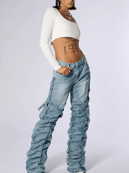 Ruffled Buckle-Accent Distressed Denim Pants laseze