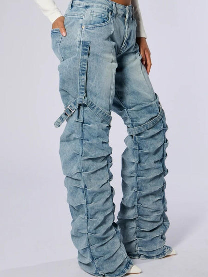 Ruffled Buckle-Accent Distressed Denim Pants laseze