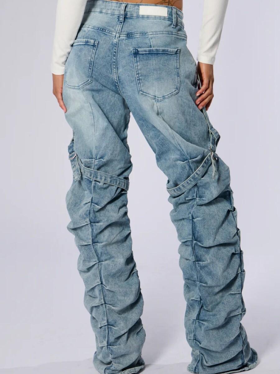 Ruffled Buckle-Accent Distressed Denim Pants laseze