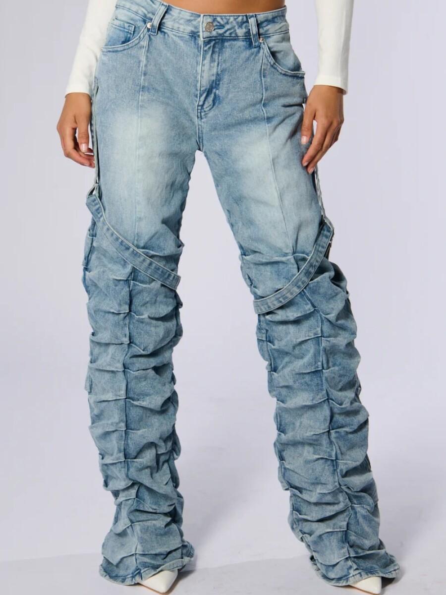 Ruffled Buckle-Accent Distressed Denim Pants laseze