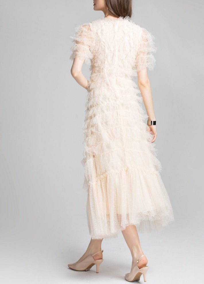 Ruffled Tulle Gown In Red - laseze