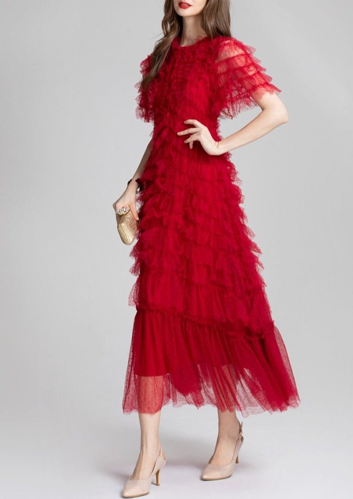 Ruffled Tulle Gown In Red - laseze